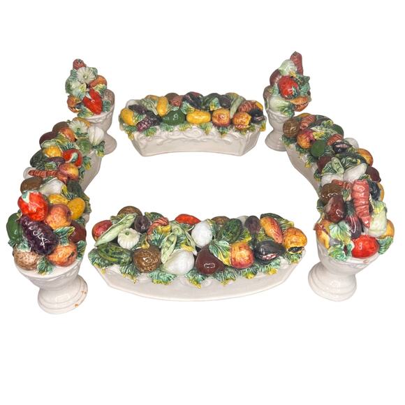 Vintage Large Italian Majolica Vegetable Topiary Centerpiece Ring 8 Piece Set - Picture 2 of 16